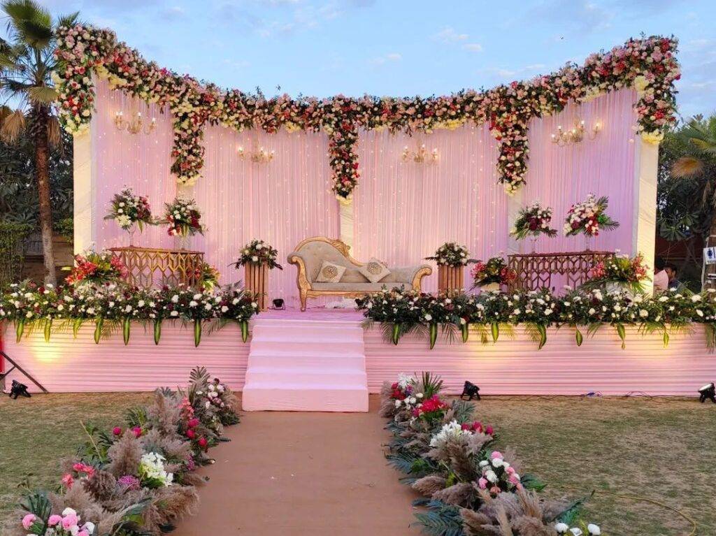 floral backdrop and stage design in Kolkata wedding setup