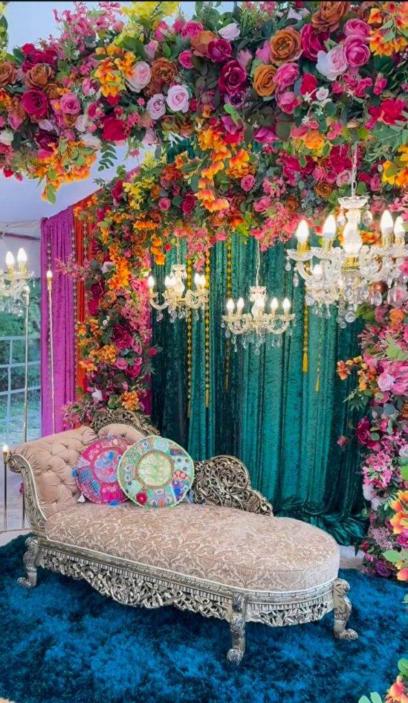 Luxury Floral Stage Decoration for Wedding and Mehendi Events