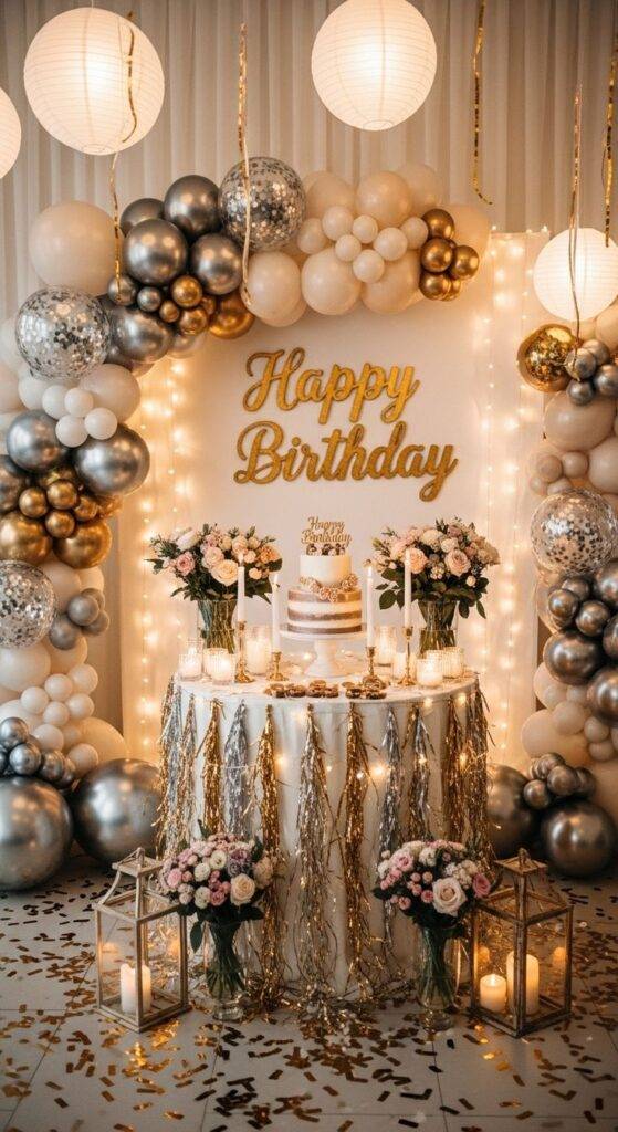 Luxurious Birthday Party Setup with Balloon Arch, Cake Table & Golden Backdrop Birthday celebration